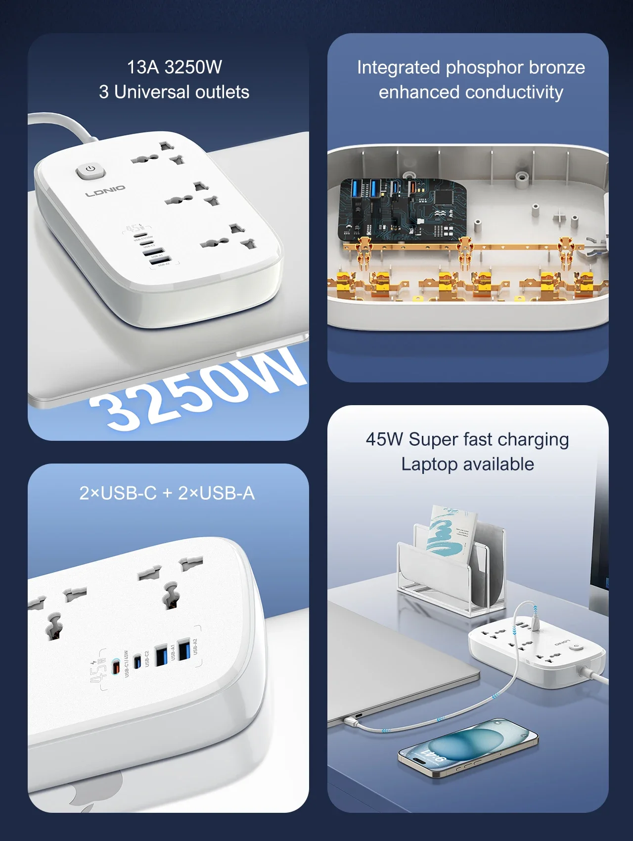 LDNIO 3250W Universal Power Strip 45W PD Fast Charging 2M Extension Cord 3 Outlets 2 Type C USB A Surge Protection EU UK US Plug
