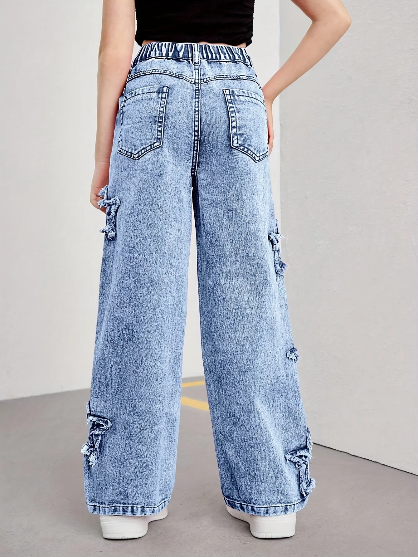 Girl's Denim Pants, Y2K Five-Star Patch Embroidery Pattern Straight-Leg Denim Pants, Holiday-Style Pants