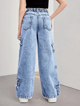 Girl's Denim Pants, Y2K Five-Star Patch Embroidery Pattern Straight-Leg Denim Pants, Holiday-Style Pants 2
