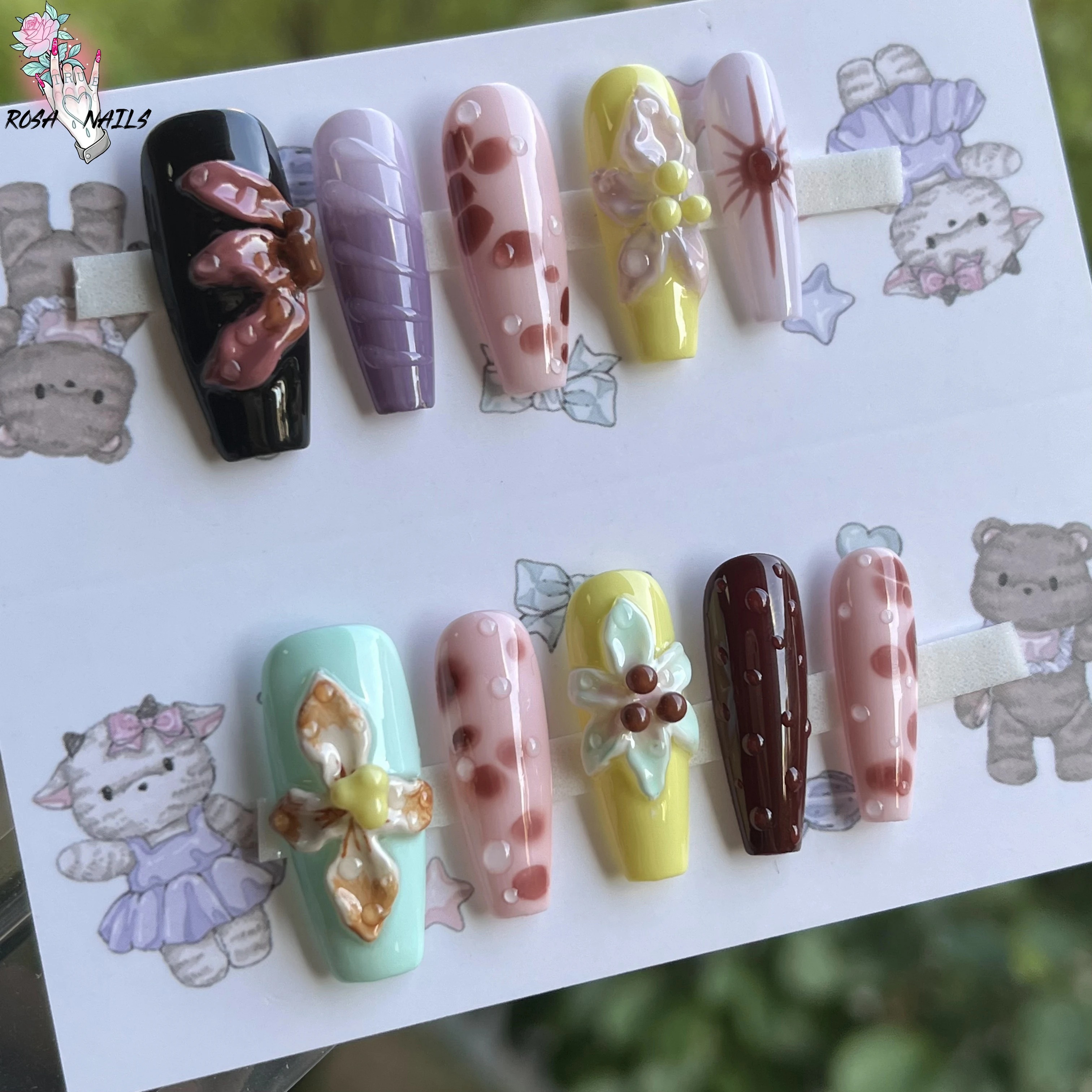 

Newest Style Press On Nails 3D Flower Manicure Art Long Full Cover Flowers Handmade Nails Acrylic Finger Fake Nail Art Pressons