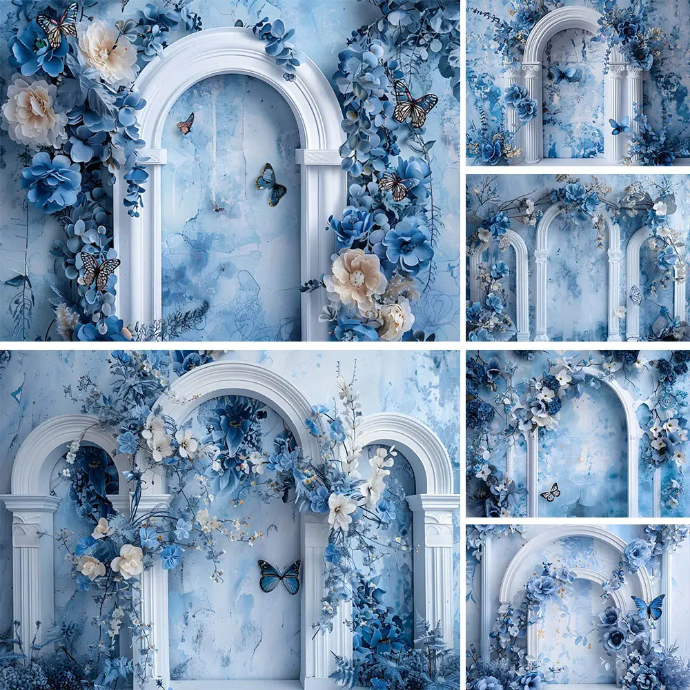 

Mocsicka Photography Background Vintage Arch Door Flower Butterfly Blue Wall Art Portrait Photo Backdrop Studio Photoshoot Props