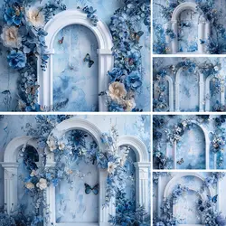 Mocsicka Photography Background Vintage Arch Door Flower Butterfly Blue Wall Art Portrait Photo Backdrop Studio Photoshoot Props