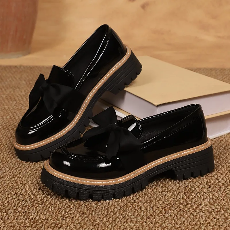 

Patent Leather Block Heel Loafers Women's Round Toe Deep Mouth Bow Platform Non-Slip Single