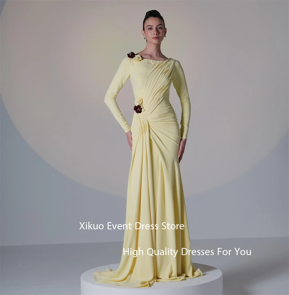 Xikuo gracioso amarelo vestidos de baile sereia o pescoço vestidos para eventos mangas compridas 3d flores festa vestidos de noite personalizado