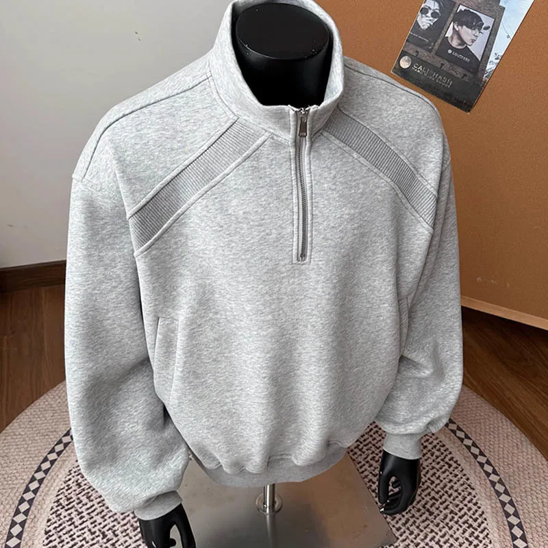 Autumn Winter Men's Gray Threaded Warm Half Zip Hoodies Sweatshirt Sports Stand Collar Long Sleeves Pullover Jacket