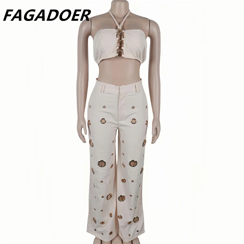 FAGADOER-Haut court et pantalon à jambes larges et dos nu pour femme, ensemble deux pièces sexy, streetwear