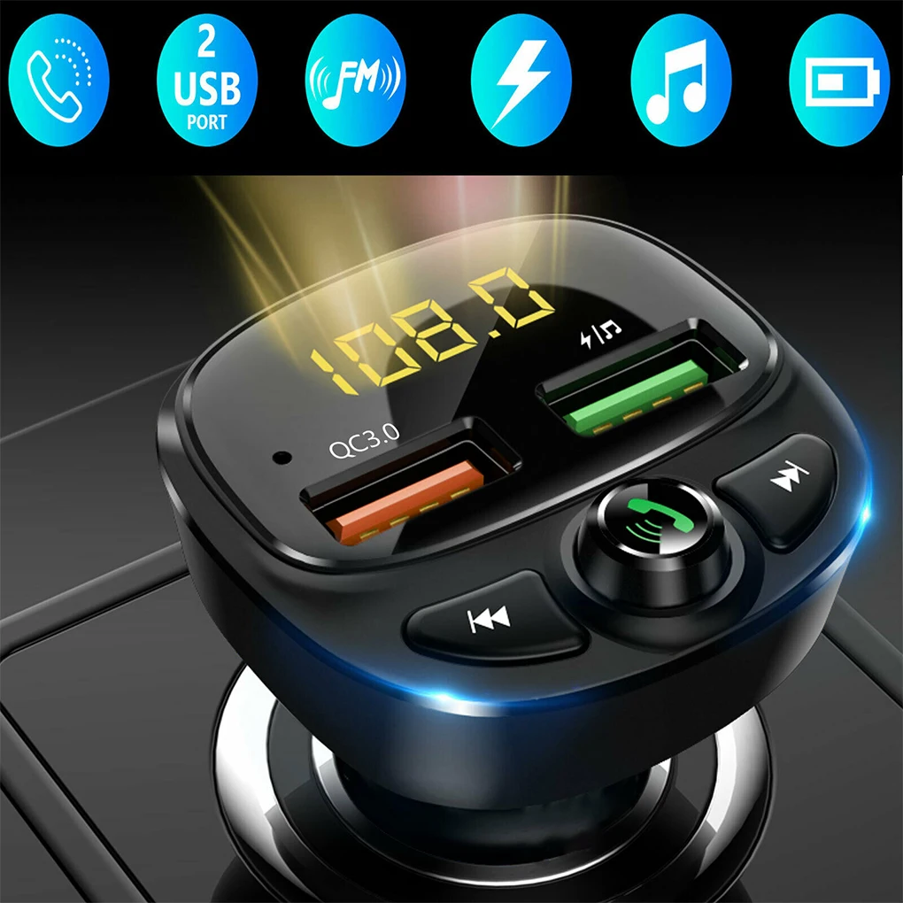 Car Bluetooth 5.0 FM Transmitter QC3.0 Dual USB Fast Charger Colorful Ambient Light Handsfree MP3 Modulator Player