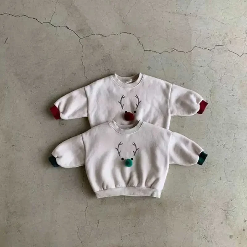 

Autumn Winter Christmas Clothes Boy Girl Children Deer Antler Print Sweatshirt Baby Cartoon Tops Kid Thicken Warm Sweatshirts