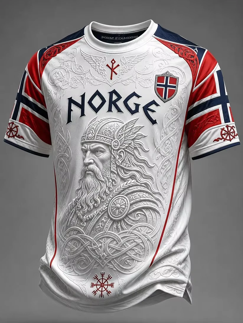 2027 Summer Men's Retro Danish Viking Style 3D Printed Embroidery Breathable Quick-Drying Sporty T-Shirt Family Style Shirt