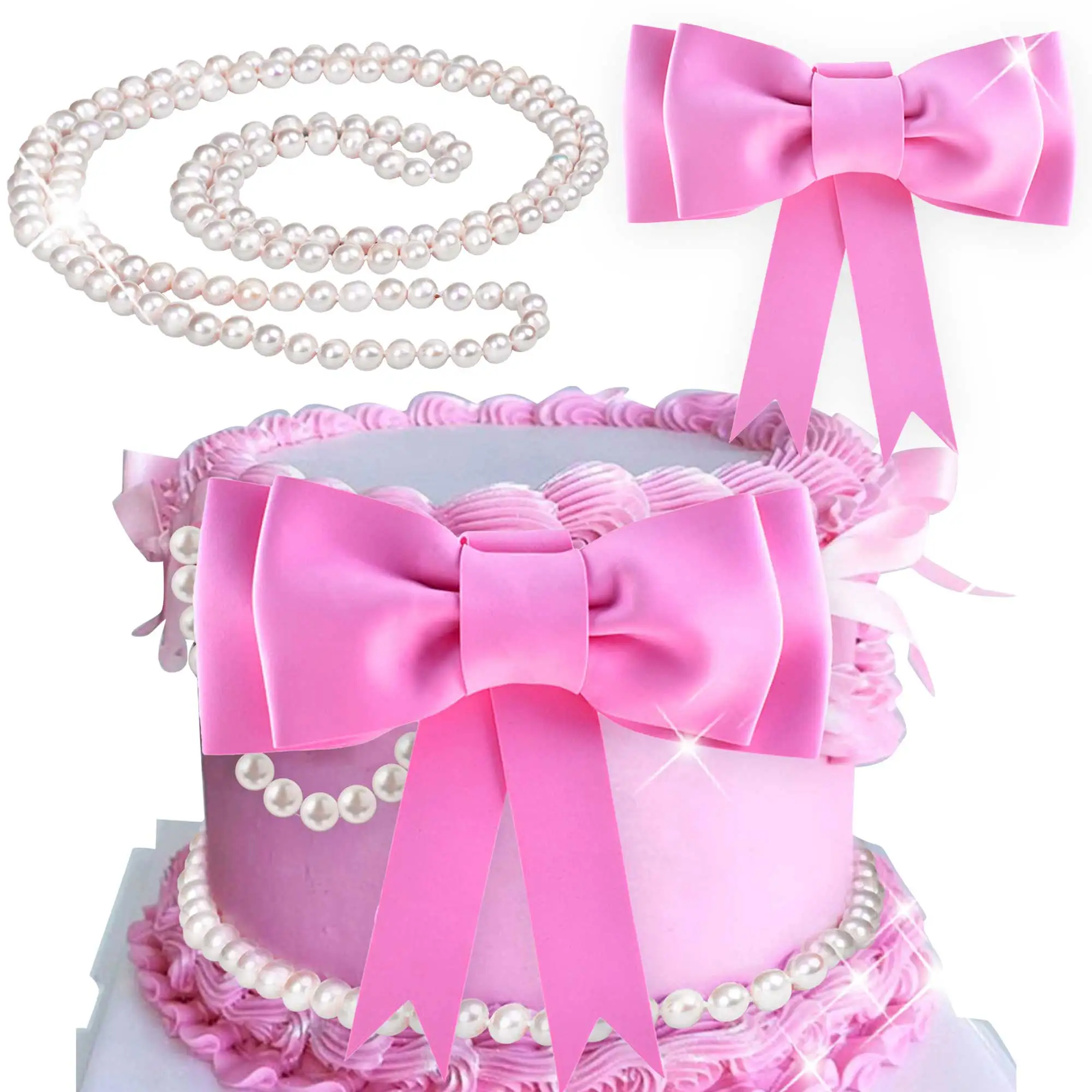 LaVenty Pink Bow Cake Topper Pearl Cake Decor Coquette Birthday Cake Bachelorette Coquette Birthday Party Bow Party Decorations