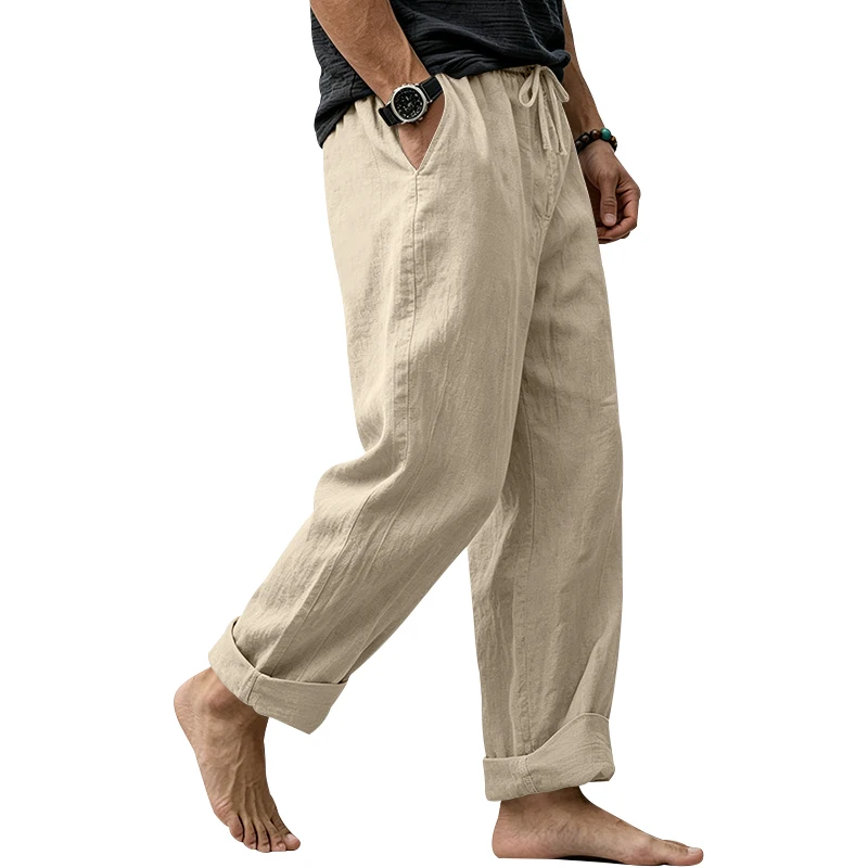 Sommerliche Herren-Leinenhose, Lässige Hawaiian-Hose mit Elastischem Kordelzug, Atmungsaktive Gerade Lange Hose mit Taschen für Alltag und Zuhause – Detail 25