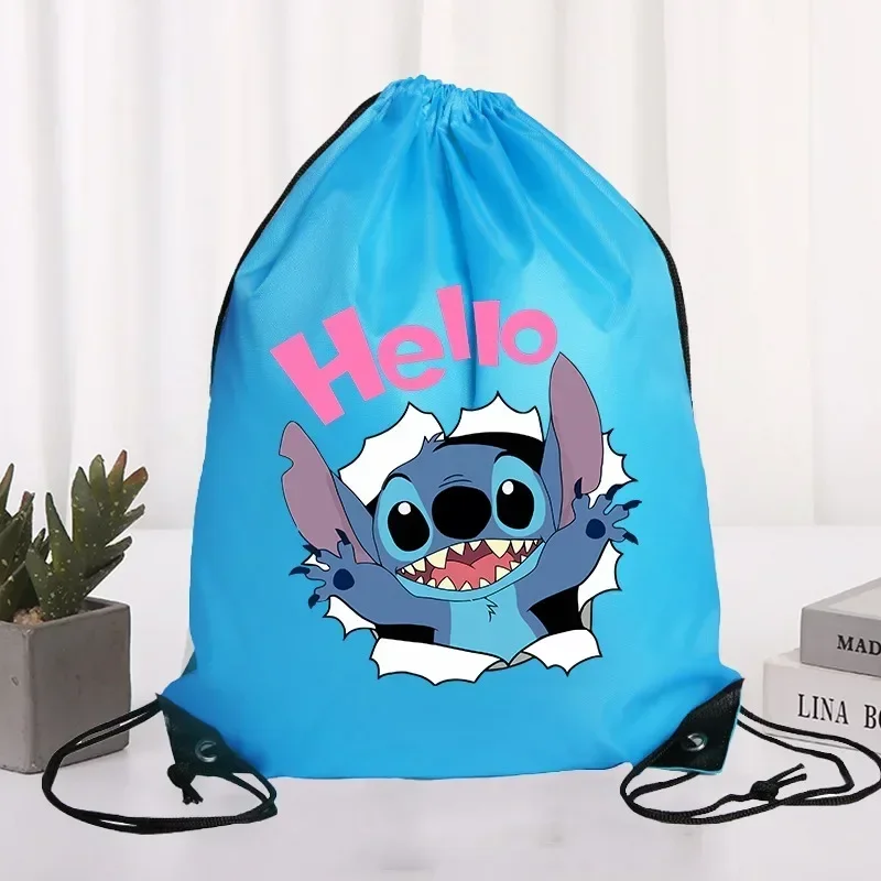 Stitch Drawstring Pockets Disney Blue Watertight Shopping Knapsack Character Print Large Capacity Drawstring Bags Tote Bag Gift