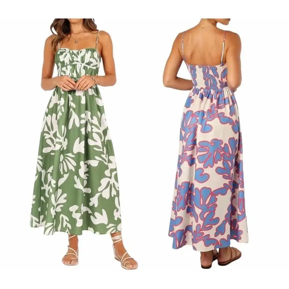 

Women's Summer Boho Dress Sleeveless Spaghetti Strap Floral Print Swing A Line Female Beach Chic Maxi Evening Party Dress