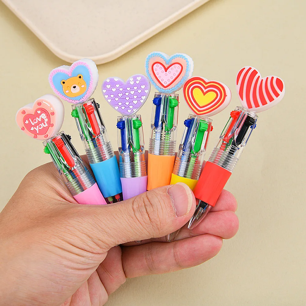 

5Pcs/Lot Cute Heart-shaped Four-color Ballpoint Pens Cartoon Love Rose Multi-color School Kids Gifts Creative Valentine's Day
