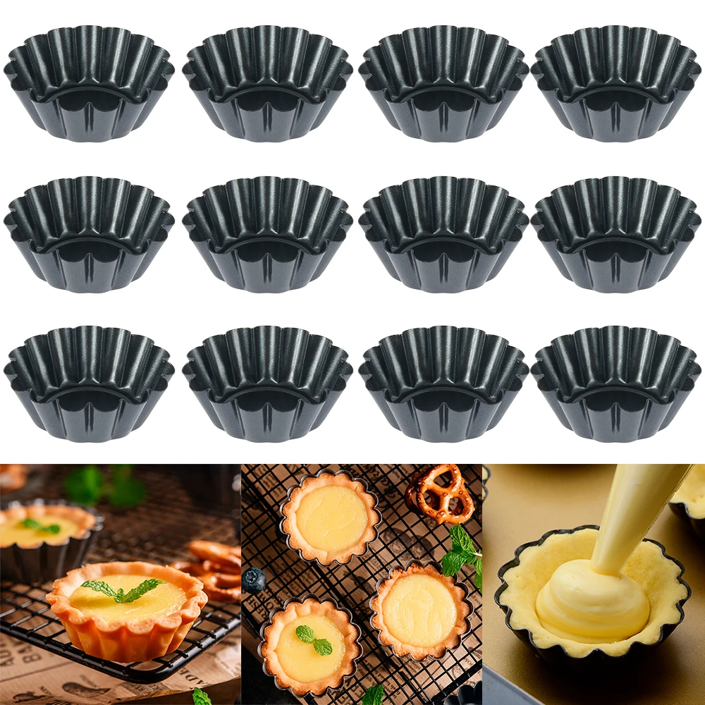 12Pcs Egg Tart Mold Reusable Pudding Mold Non Stick Carbon Steel Cupcake Cake Mold Heat Resistant Cookie Mold Baking Cup