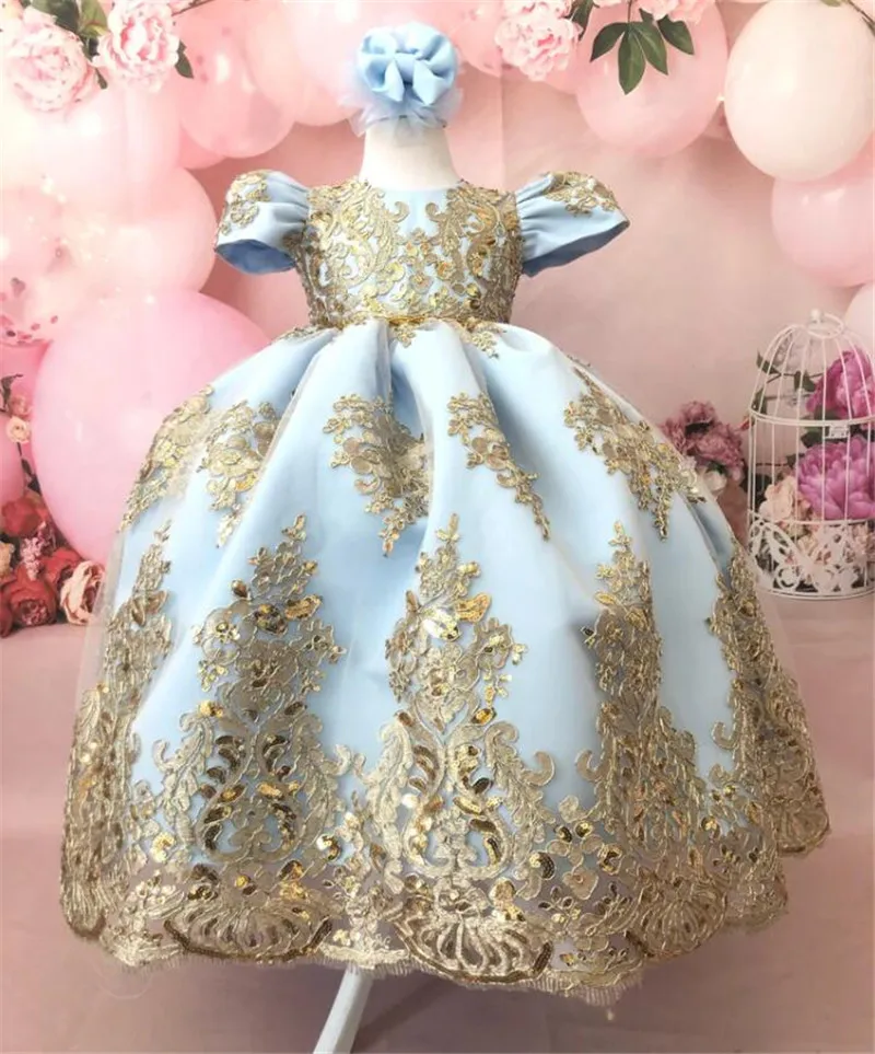 Vestidos de princesa para niña, vestidos para boda, cortos, sin mangas, encaje dorado, satén con lazo grande, vestido de fiesta de cumpleaños para niños