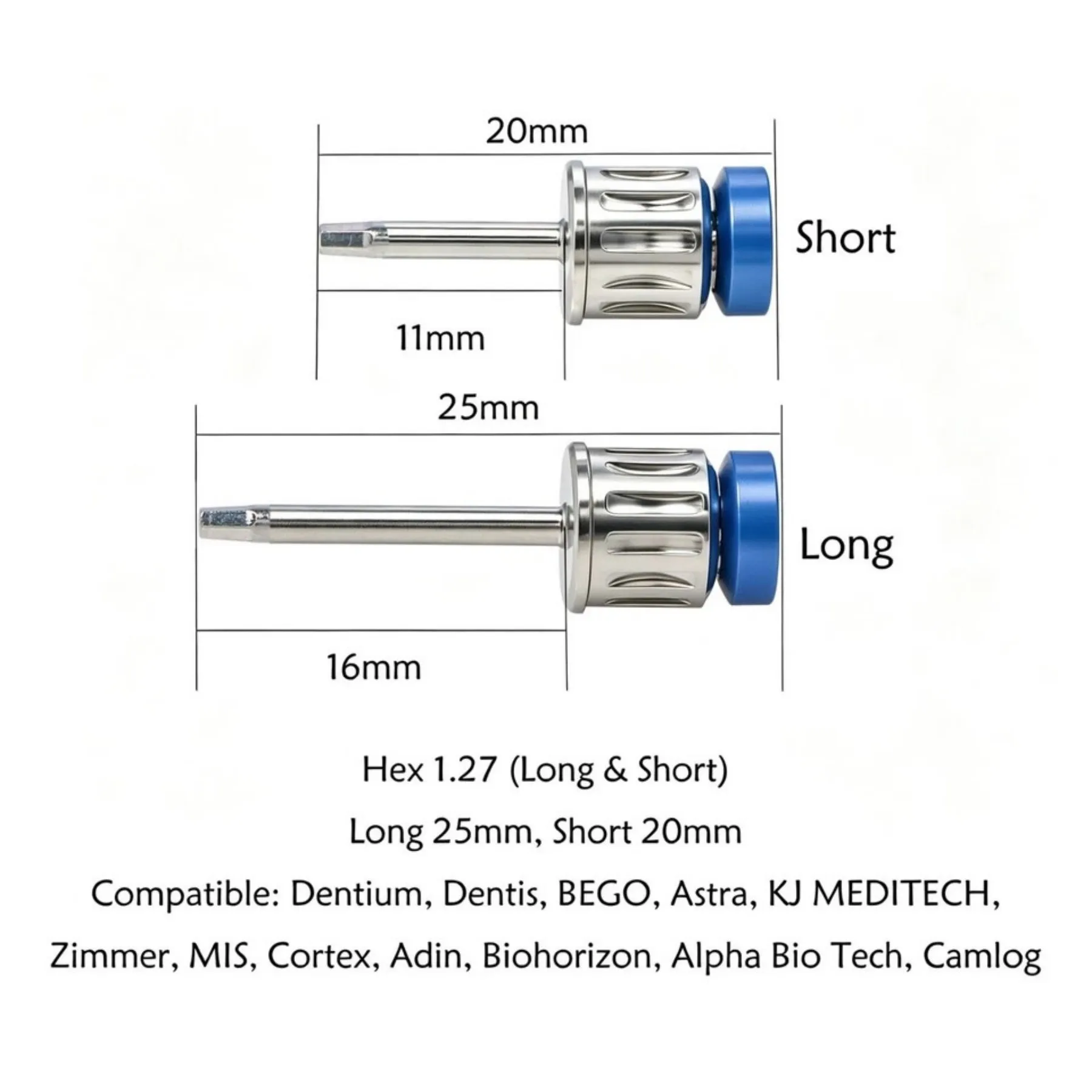 Implant Drivers 2Pcs Hex1.27 Hand Medical Grade Stainless Steel Dentium Dentis BEGO Astra MEDITECH