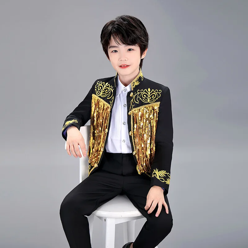 Boys Sequenant 2 Pieces/Set Jacket Pants Embroidery Paino Host Performance Dress Kids Stage Show Photography Suit Children's Set