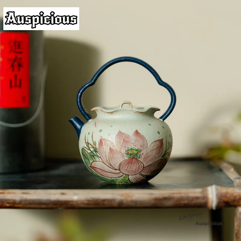 

180ml Pure Hand-painted Lotus Lifting Handle Teapot Japanese Tea Infuser Pot Tea Making Kettle With Strainer Tea Ceremony Gifts
