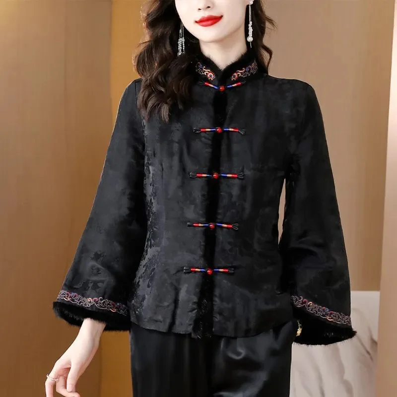 Autumn Winter Casual Jacket 2024 New Chinoiserie Coil Buckle Stand-Up Collar Women's Clothes Fashion Embroidery Coat Female