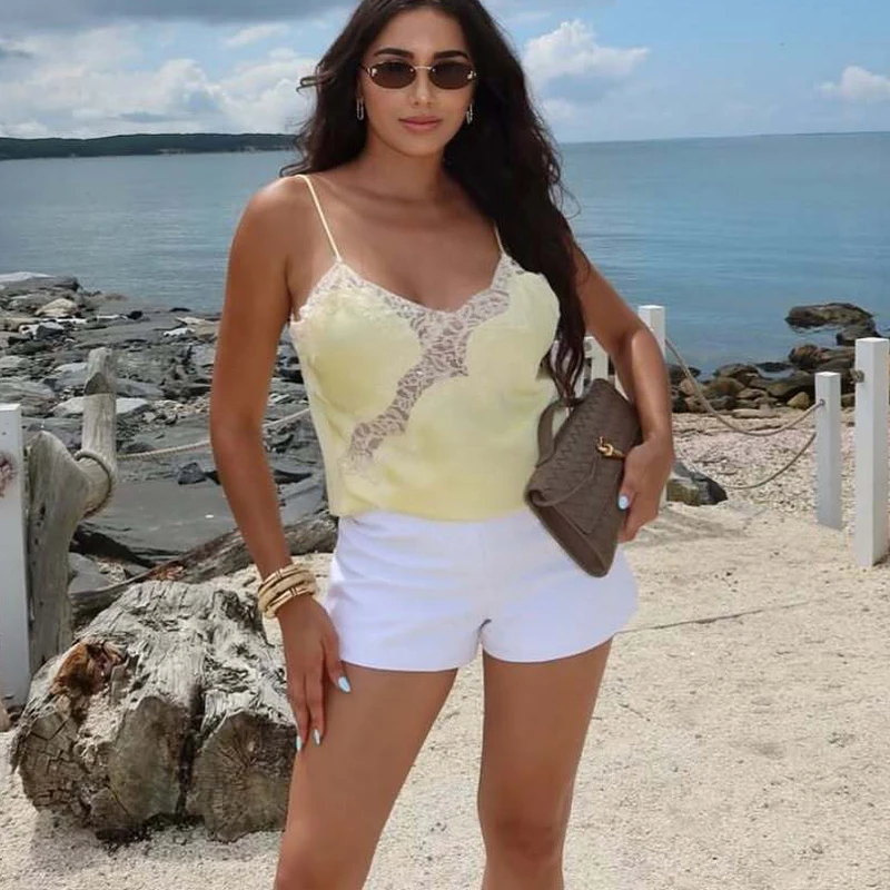 HXAO Woman Lace Top Summer Sleeveless Camisole Yellow Top Female Backless Sexy Black Crop Top With Straps Asymmetrical Slip Tops image 5