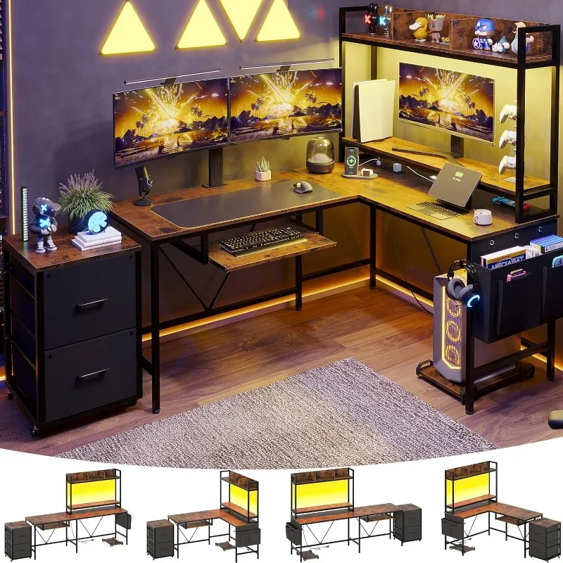 L Shaped Gaming Desk, Reversible Corner Computer Desk with Power Outlet & Led Strip Home Office Desks Drawer File Cabinet
