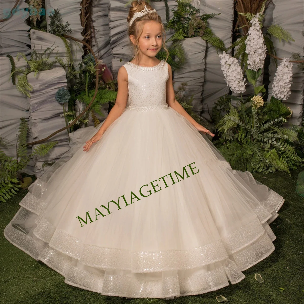 Flower Girls Dresses Off the Shoulder Handmade Flowers Beaded Tulle Skirt Straps Pageant Birthday Party