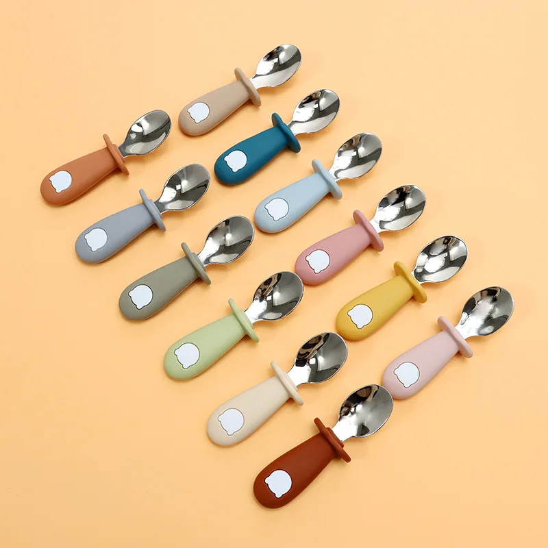 

2 PCs Panda Spork and Spoon Baby Training Autonomous Eating Silicone Set 304/316 Stainless Steel Tableware Spoon