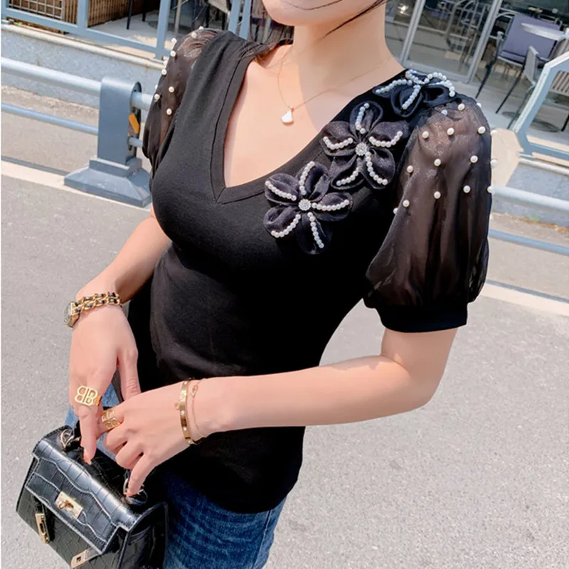 M-3XL New Summer European Women\'s T-Shirt Clothes Chic Flower Beading Tops Female Fashion Puff Short Sleeve Slim Tees Blouse