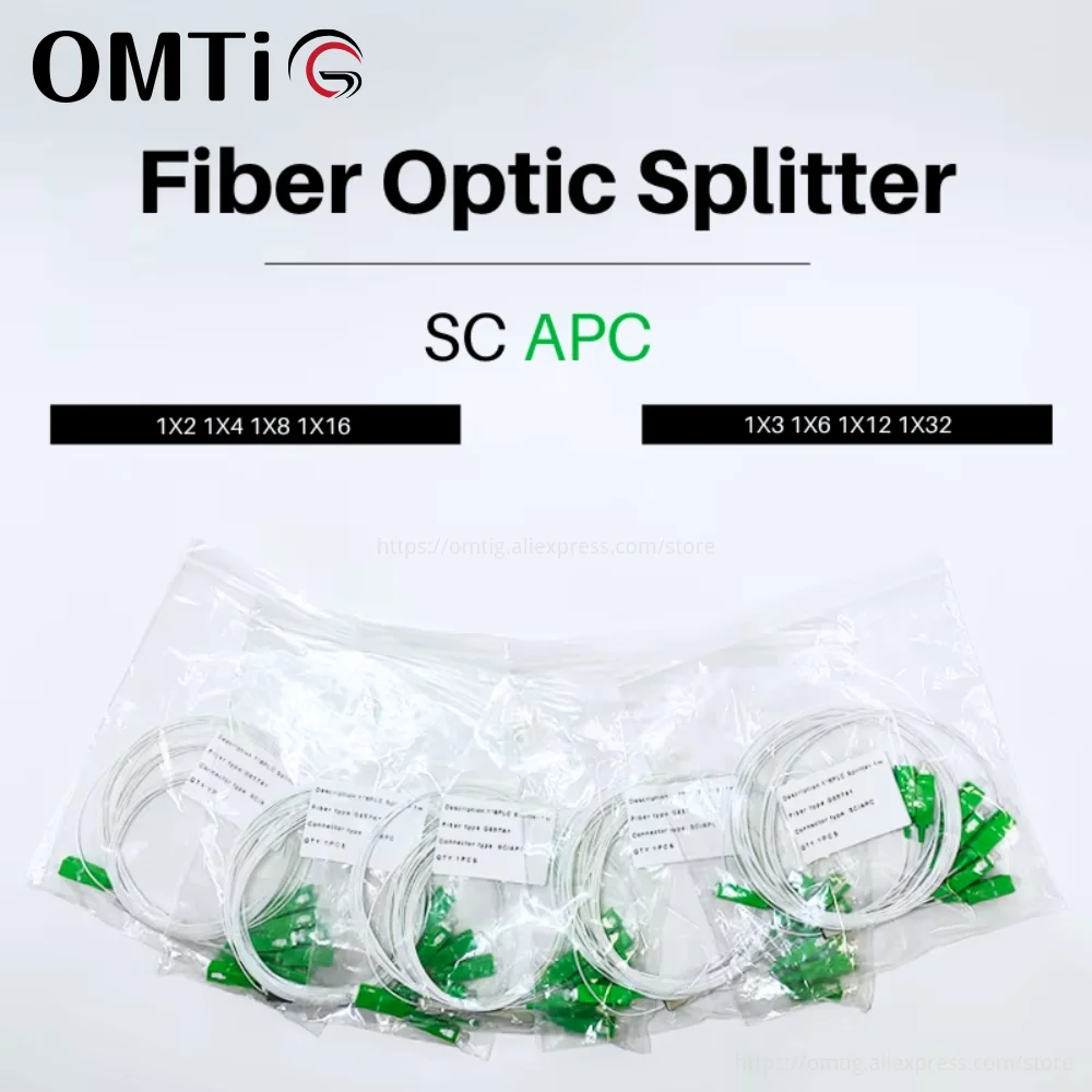 Divisor de fibra óptica SC/APC, 1x2, 1x4, 1x8, 1x16, 1x3, PLC, modo único, 0,9mm, G657A1, LSZH, 1m, PVC, 10 unidades por lote