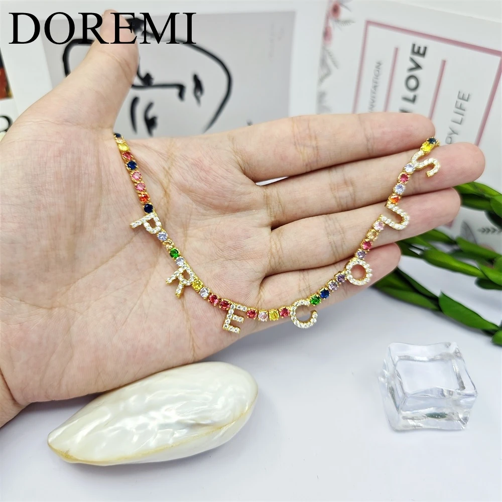 DOREMI 9mm Crystal Letter Women Necklace Coloful Zircon Tennis Chain 3mm Color Zircon Chain Name Necklace for Girls Gift Jewelry