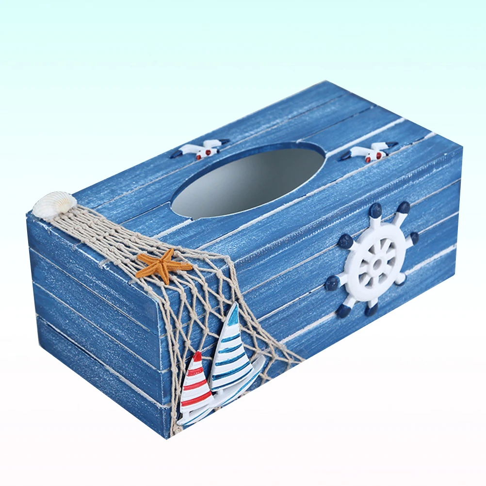 

Wooden Tissue Box Coastal Style Home Decoration Desktop Storage Container Mediterranean Pattern for Office Bedroom Hotel