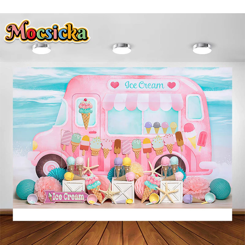 Mocsicka Photography Background Pink Ice Cream Car Baby Girl Boy First Birthday Party Cake Smash Portrait Backdrop Photo Studio