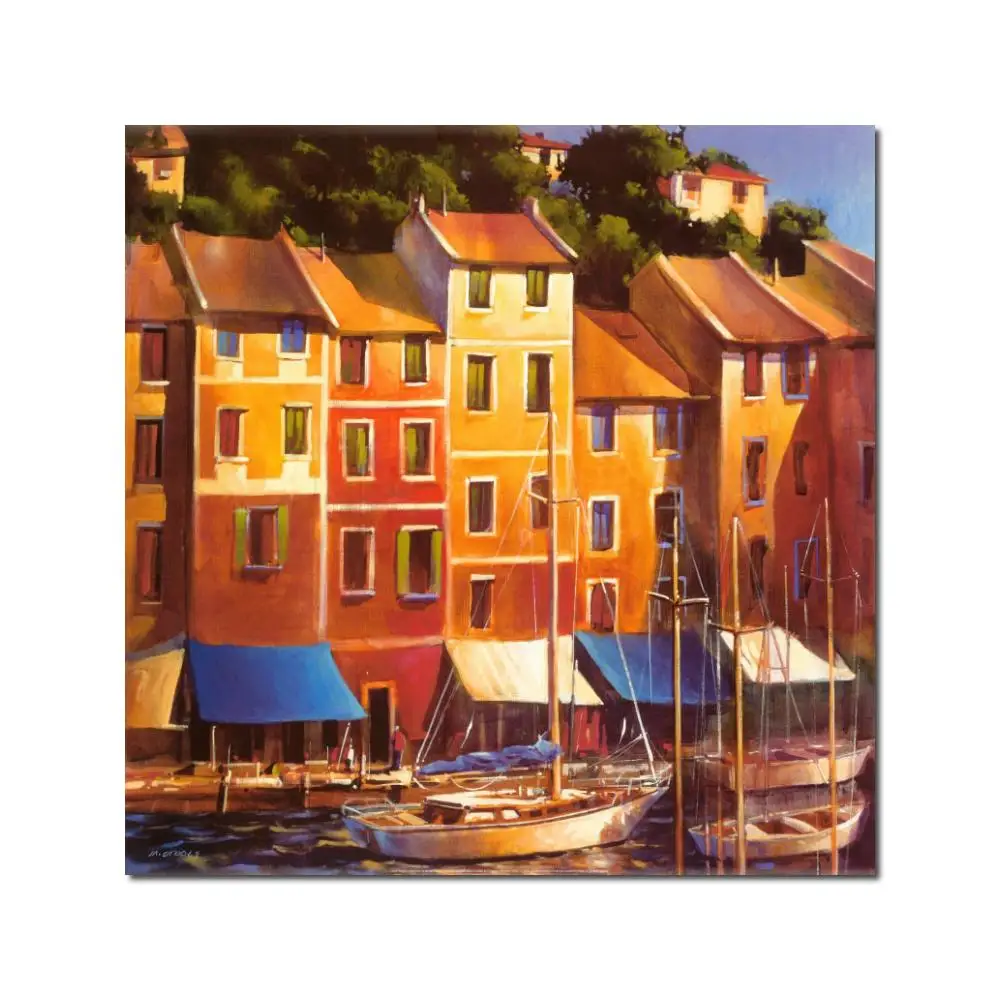 

Modern Canvas Art Portofino Waterfront Hand Painted Italian Landscape Wall Picture Oil Painting Village Artwork Home Decor