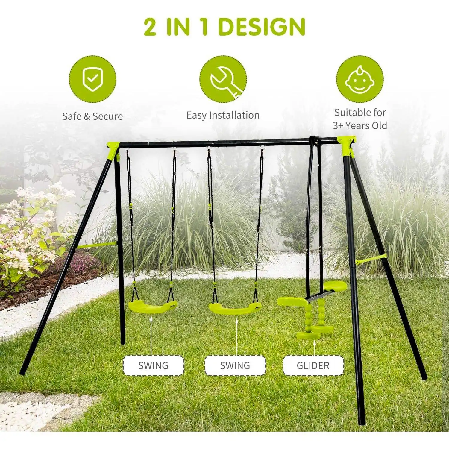 

XNS008 interesting triple children metal safe swing set 440lbs for outdoor playground three seat swing black and green for age 3