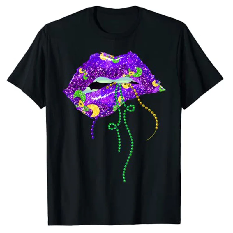 Mardi Gras Lips Queen Carnival Costume Purple & Gold Funny T-Shirt Graphic Tees Women Tops Cotton Short Sleeve Blouses