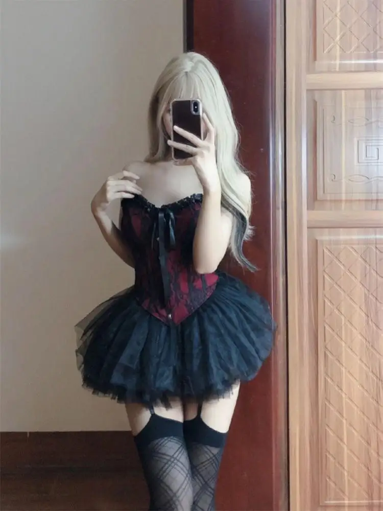 Pure Desire Court Style Halloween Outfit Strapless Top Tulle Flared  Skirt Sexy Set Women's Fashion Summer Ensemble
