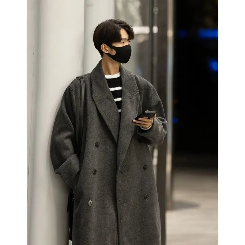 

Wool Coat Men's Medium and Long Korean Version Thickened Woolen Knee Trench Coat Men