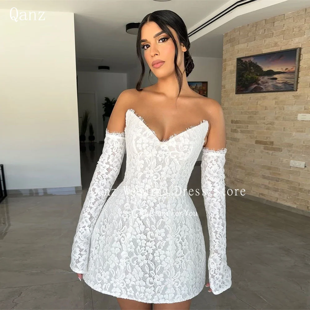 

Qanz Sexy Full Lace Wedding Dresses Long Sleeves V Neck Short Party Gowns Mini Above Length Corset Bespoke Occasion Dresses 2025