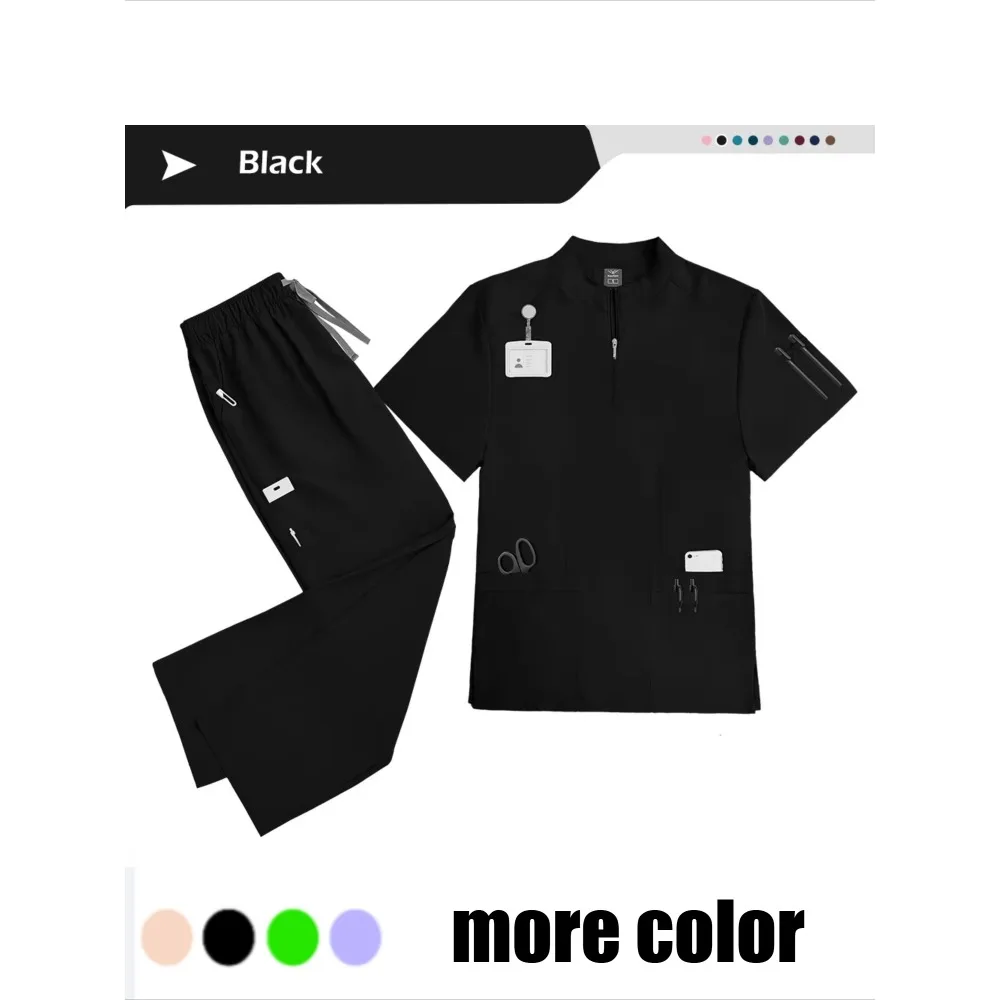 Men Stand Collar Half Zip Work Suit, Short Sleeve Top & Drawstring Waist Straight Pants, Stretch Breathable Durable Work Outfit