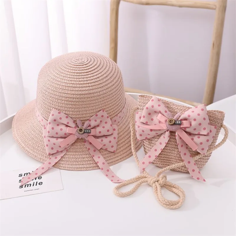 Kids baby outdoor cartoon hat and Shoulder bags Summer child girl holiday casual beach Strawberry straw hat Sun cap
