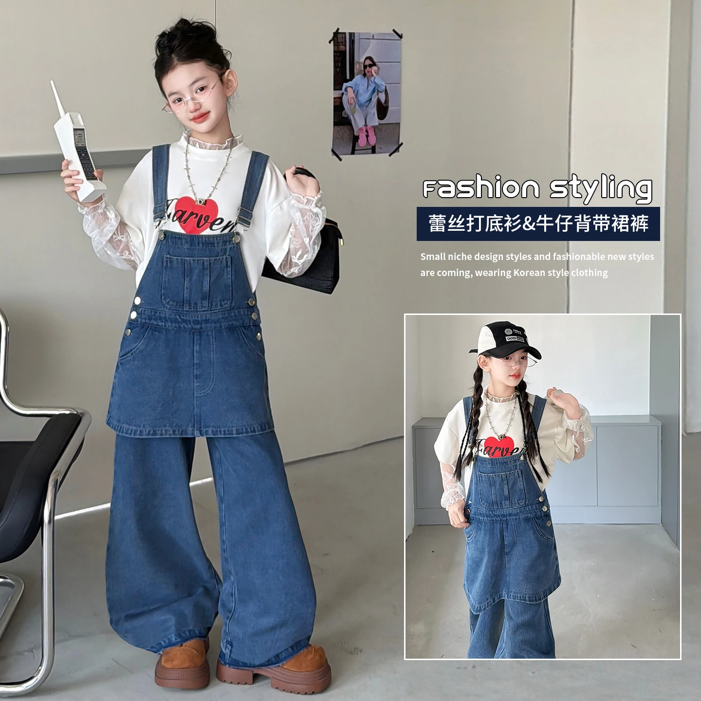 

Girls Clothes Sets Size 4-14Y Spring Girls Cute Fashion Lace Tee + Blue Denim Jumpsuit Checkered Clothes 2 Pc Child Daily Outfit