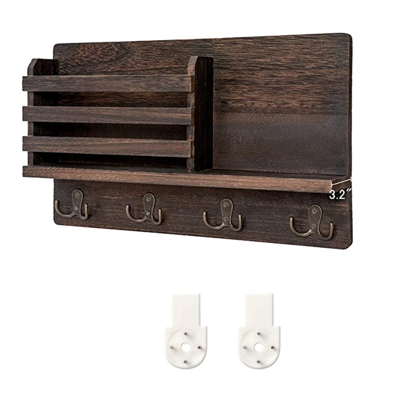 

Wall Mounted Mail Holder Wooden Mail Sorter Organizer with 4 Double Key Hooks and a Floating Shelf Rustic Home Decor