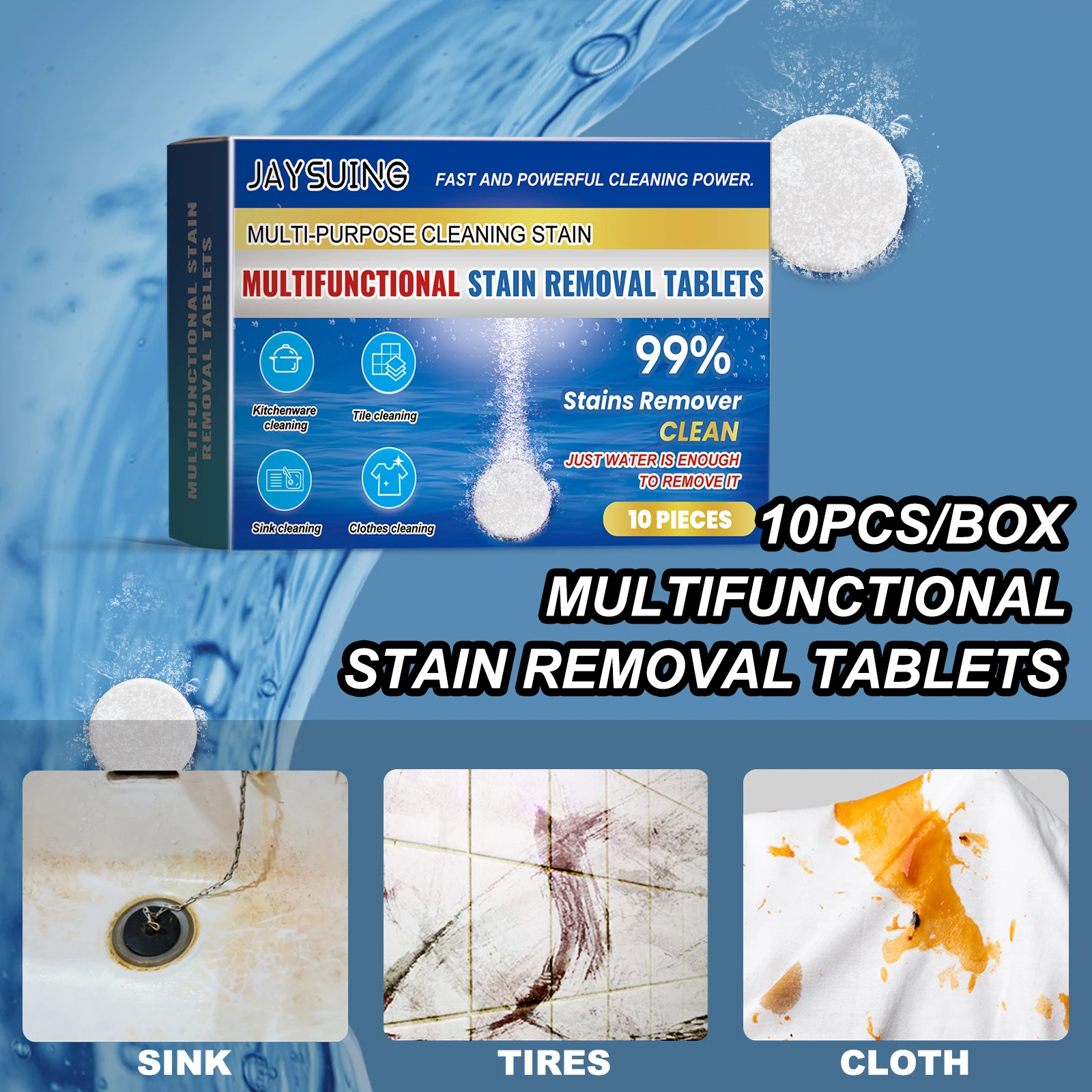 

JAYSUING 10pcs/box Multifunctional Stain Removal Tablets Remove Stubborn Oil Stains Scale Universal Cleaning Effervescent Tablet