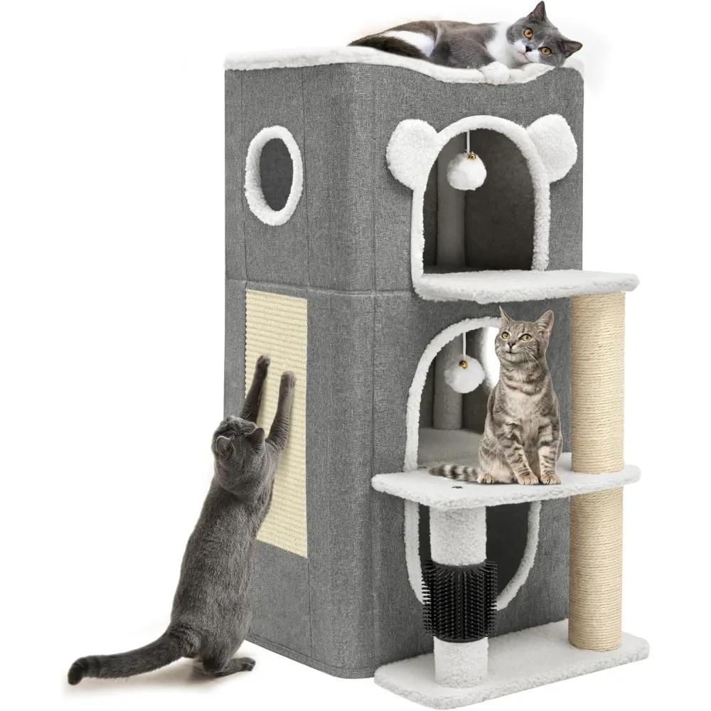 

3-Tier Cat House, Cat Beds for Indoor Cats, Modern Cat Condo with Highway Cave, Scratch & Itching Post, Climbing Stand