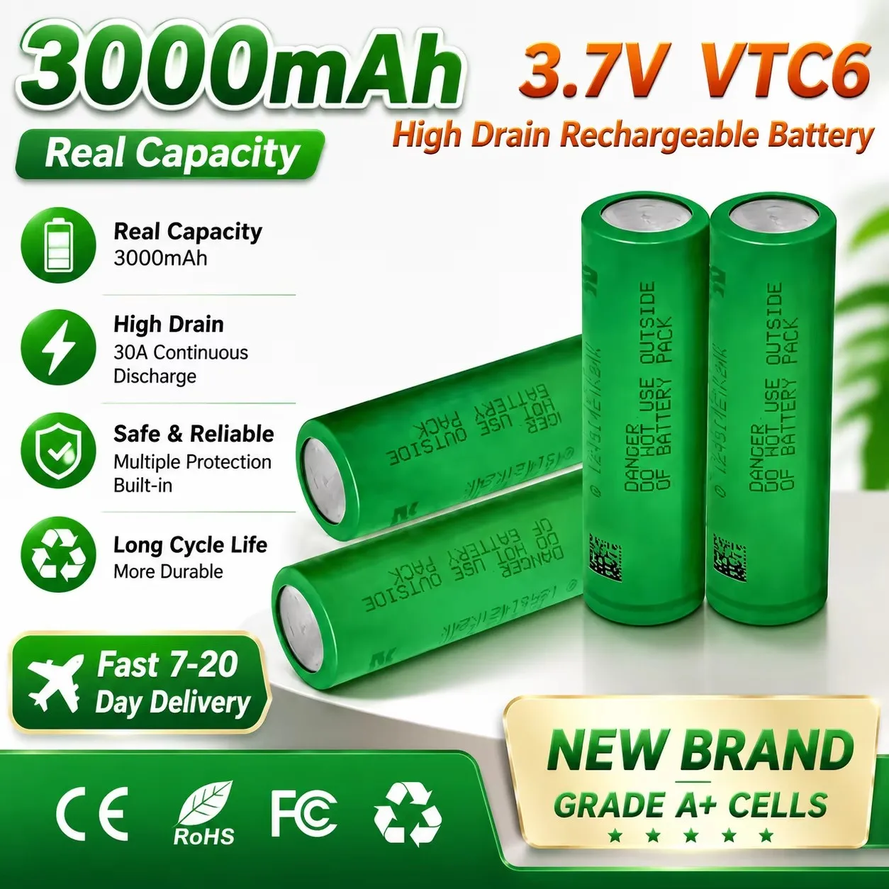 100% brandneuer originaler VTC6 3,7V 3000mAh 18650 Lithium-Ionen-Akku mit Schnellladefunktion, geeignet für LED-Leuchten, taktische Leuchten, Campinglampen.