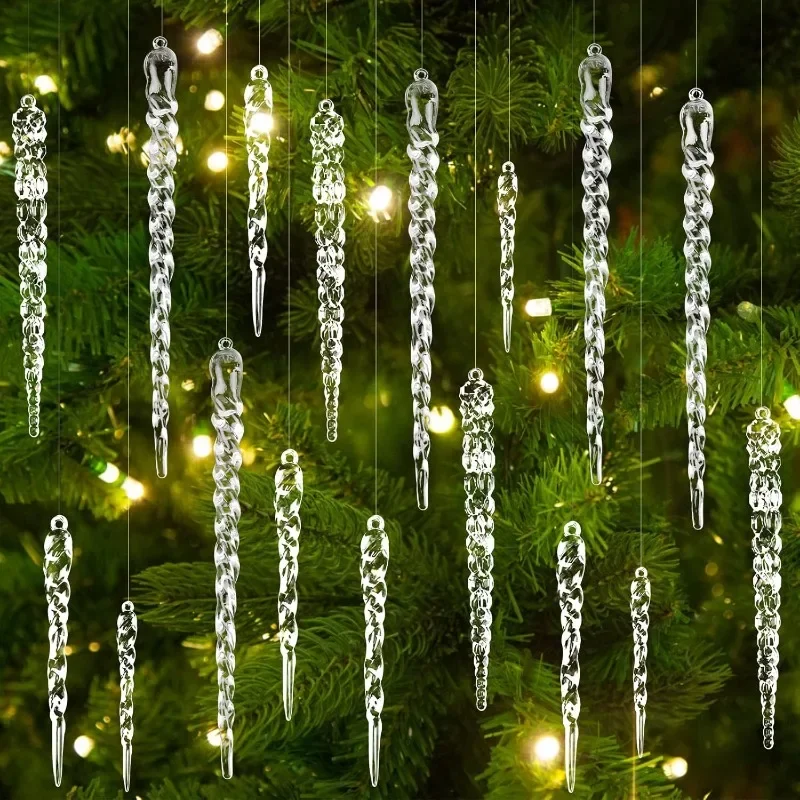 12-36PCS Christmas Tree Icicle Crystal Acrylic Decorations Clear Hanging Ornaments for Christmas New Year Winter Party Decor