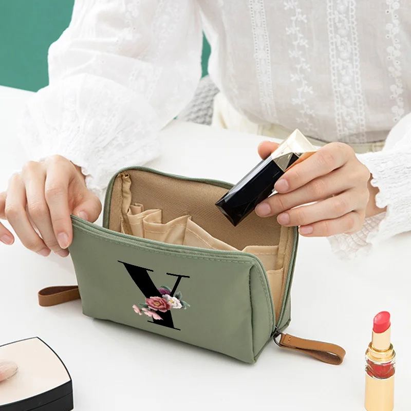 حقيبة مكياج من الكتان بسعة كبيرة ، حقيبة تخزين متعددة الوظائف ، حقيبة يد نسائية ، حقيبة كتان مطبوعة بحروف 26
