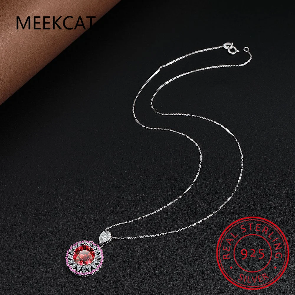 Round Cut Red Natural Garnet 925 Sterling Silver Halo Pendant Necklace for Women Ruby Gemstone Fine Jewelry Colar de Prata