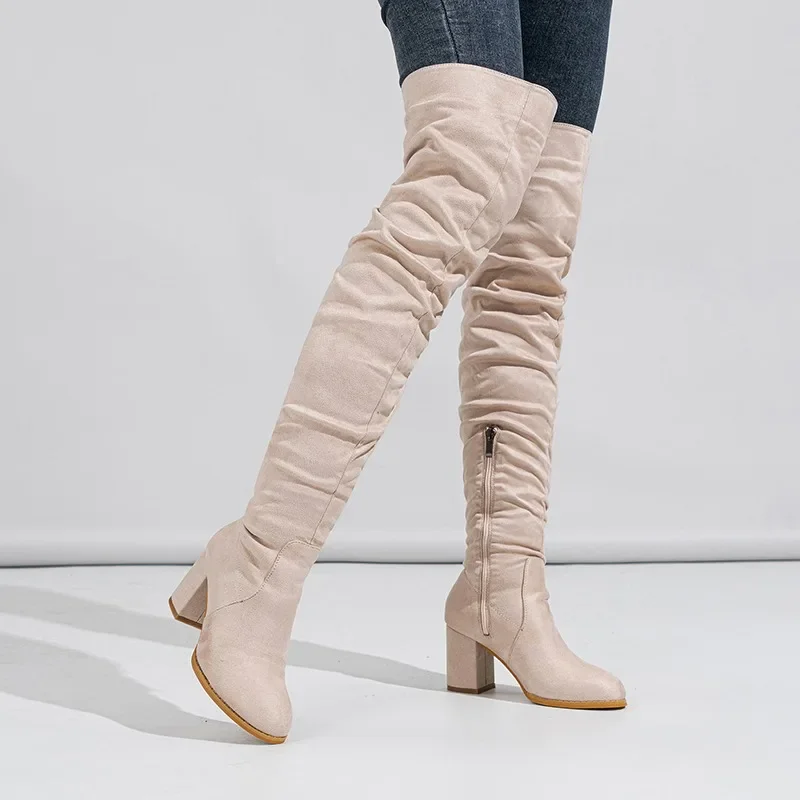 2024 Winter New Pointed Over-the-knee Boots Sexy Zipper Suede Street Mesh Modern Heels Women\'s Boots Outdoor Pleated Long Boots